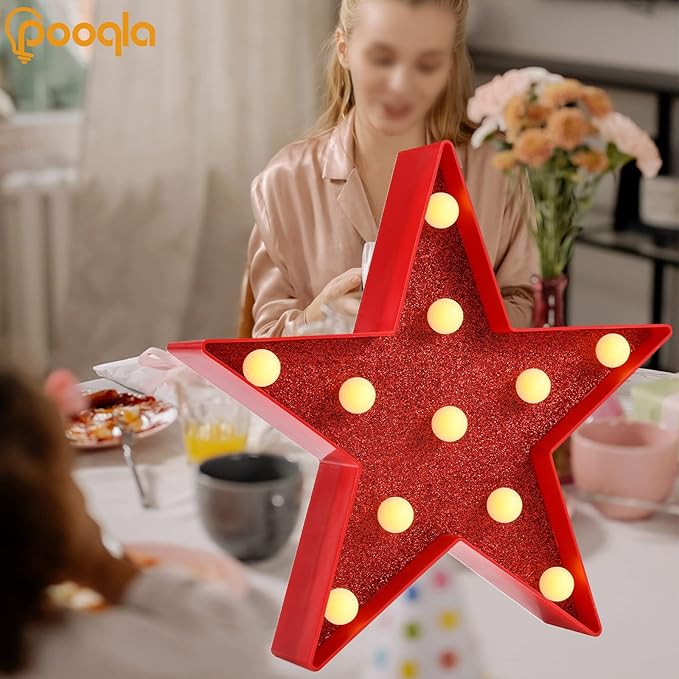 Pooqla Star Marquee Lights, Glitter LED Marquee, Red Light Up Star - Battery Powered Night Light for Birthday Party, Wedding, Christmas Decoration