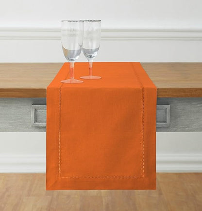 Solino Home Cotton Linen Pumpkin Table Runner 120 Inches Long - Hemstitch 14 x 120 Inch Table Runner - Handcrafted and Machine Washable - Fall, Autumn, Halloween, Thanksgiving