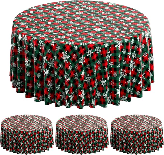 Jectivs 3Pcs Christmas Buffalo Plaid Snowflake Party Tablecloths Decorations,Plastic Red and Green Checkered Round Table Cover for Winter Christmas New Year Birthday Holiday Party Decorations,84 inch