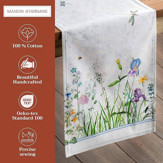Maison d' Hermine Table Runner 100% Cotton Double Layer Table Runners 72 inches Long Decorative for Home Kitchen Dining Party Wedding Bridal Shower Spring Summer (Fleurs De Mai, 14.50" x 72")