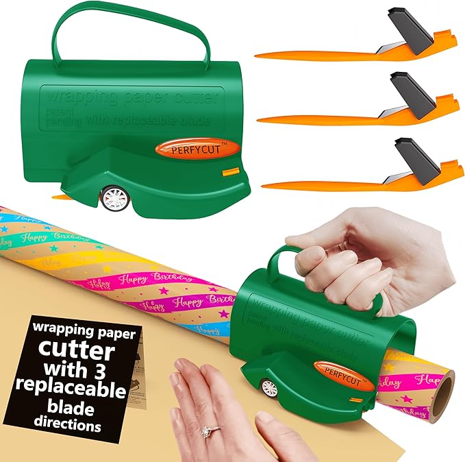 Wrapping Paper Roll Cutter Tool with 3 pcs Replaceable Blade Kit Gift Wrapping Paper Cutter for Christmas and Birthday Wrapping Paper Gift Wrap Cutter Holder Tube Slicing Trimming.