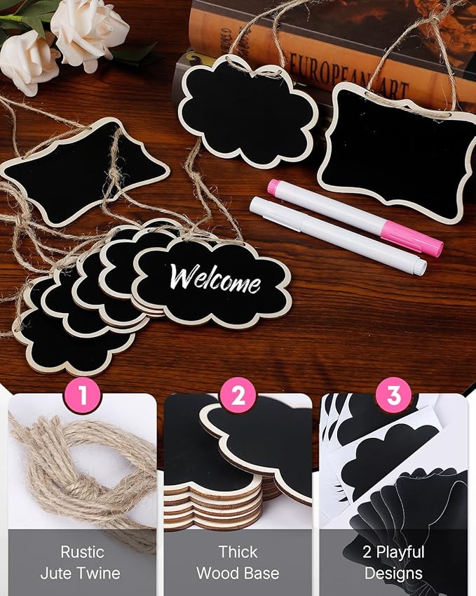 Uniclife 24 Pack Mini Chalkboard Signs for Food, Small Chalkboard Signs with Strings Chalk Markers & Replacement Stickers, Hanging Chalkboards Sign Reusable Wooden Food Labels for Party Buffet Wedding