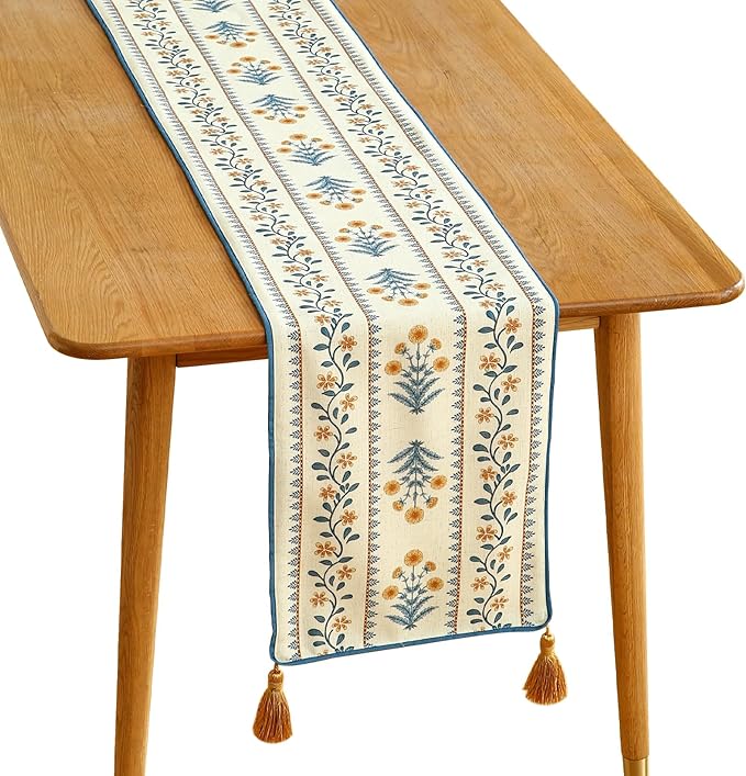 ISAENNE Designer Pale Yellow Elegant Linen Table Runner 102 Inches Long,French Floral Pattern Elegant Table Runners for Dining Tables,Thanksgiving,Kitchen Tables,Christmas,12"*102"-Estevan A