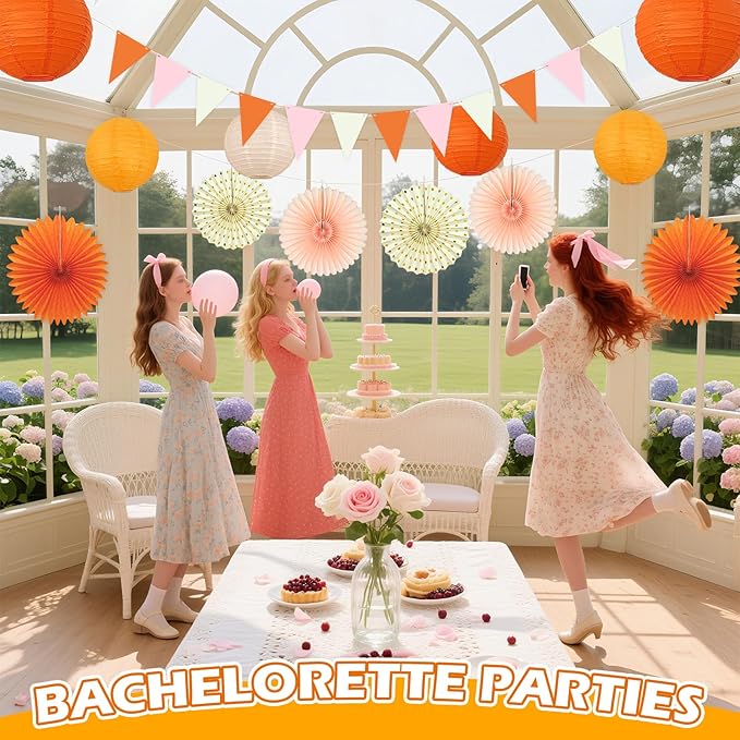 15Pcs Autumn Pink and Orange Party Decorations, Hanging Orange Paper Lanterns Honeycomb Paper Fans Triangle Flag Banner for Girls Women Baby Shower One Sweet Peach Birthday Thanksgiving Party Decor