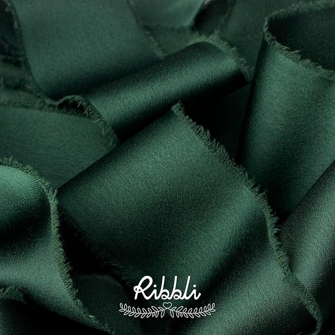 Ribbli Forest Green Silk Satin Ribbon 1.5 Inch x 12 Yard - Handmade Frayed Chiffon With Wooden Spool for Gift Wrapping, Wedding Invitations, Bridal Bouquets, Home Decor