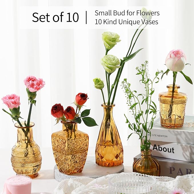 Vintage Small Glass Vases Set of 10,Mini Bud Vases for Flowers,Amber Glass Vases for Centerpieces,Wedding Decorations,Home Table Flower Decor (Amber)