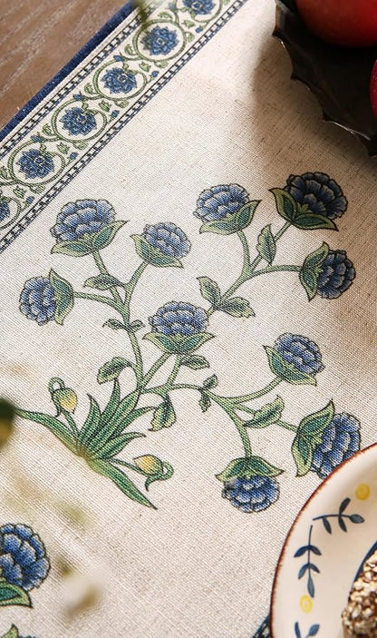 patdrea Designer Blue Rustic Elegant Floral Patterned Linen Table Runner 87 Inch Long,Wrinkle Resistant Table Mat,Decoration for Kitchen Dining and Coffee Tables Banquet Christmas , 12"x87"