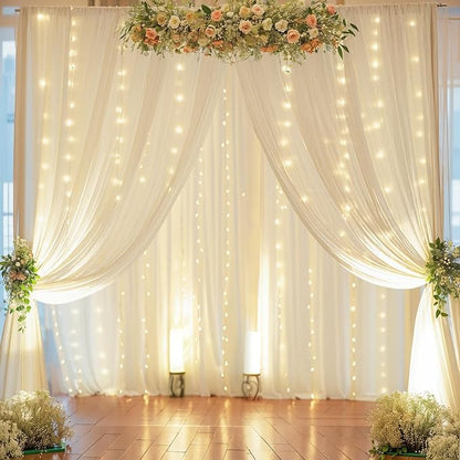 10ft x 10ft Ivory Chiffon Backdrop Curtain with Lights String for Parites Wedding Wrinkle Free Curtain Photo Backdrops Drapes for Baby Shower Birthday Party Home Decorations