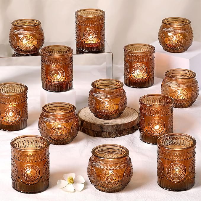 DARJEN 24Pcs Amber Votive Candle Holders - Vintage Glass Candle Holder, Candle Holders Bulk for Wedding & Home Decoration, Tea Lights Candle Holders for Festival Party Gift