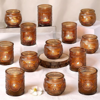 DARJEN 24Pcs Amber Votive Candle Holders - Vintage Glass Candle Holder, Candle Holders Bulk for Wedding & Home Decoration, Tea Lights Candle Holders for Festival Party Gift