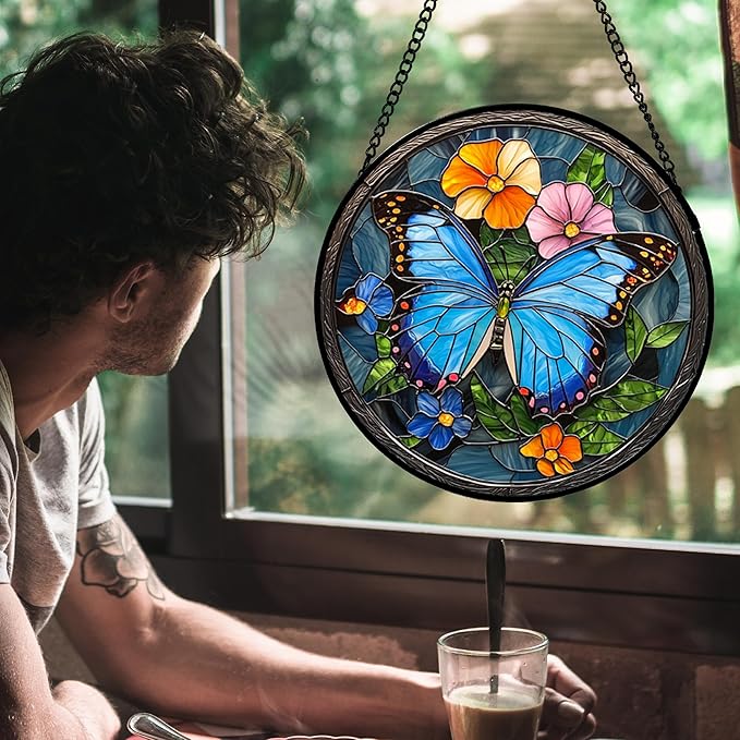 Stained Glass Window Hanging, Blue Butterfly Flower Suncatcher for Doors Home Sun Catchers Decoration and Christmas, Mother's Day Birthday Gifts for Women, Men, and Mom 7.8 in