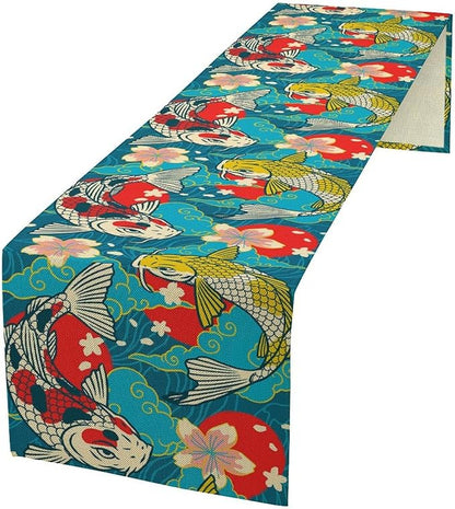 Japanese Kio Fish Table Runner Oriental Tradition Cherry Art Printed Burlap Runner Home Kitchen Dining Table Living Room Decor Fabric 1 Panel W13xL70in