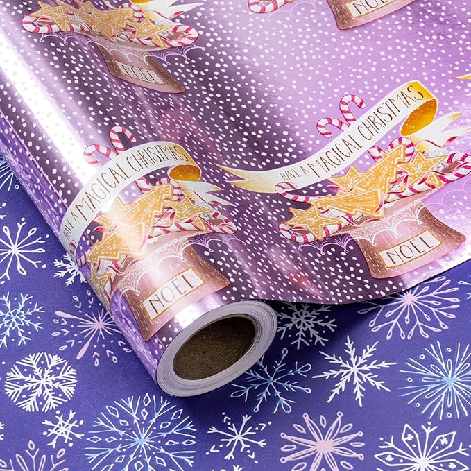 LeZakaa Christmas Purple Wrapping Paper Mini Roll, Have a Magical Christmas Cake Stand, Snowflake in Purple, Metallic Foil, Reversible Design for Winter Holiday Family Gathering, 17 inches x 32.8 Feet