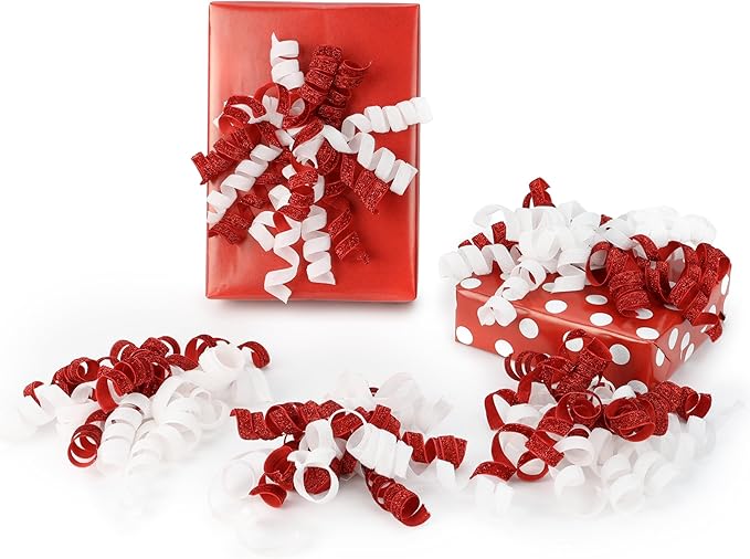 6" Metallic Glitter Red and White Self Adhesive Curly Ribbon Gift Wrap Bows for Christmas, Holiday, Birthday, Wedding, Presents, Party Favors Decorations 6-Count