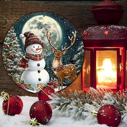Christmas Snowman Decor Round Metal Tin Sign Christmas Deer Vintage Tin Sign for Home Coffee Wall Decor for Christmas Family Wall Decoration 12 * 12 in