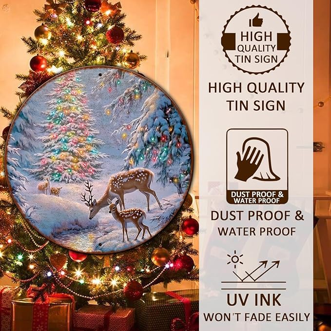 Christmas Tree Decor Round Metal Tin Sign Christmas Deer Vintage Tin Sign for Home Coffee Wall Decor for Christmas Family Wall Decoration 12 * 12 in
