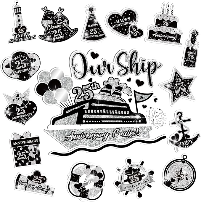 25th Anniversary Cruise Door Magnets Decorations, Black Silver Happy 25th Anniversary Cruise Ship Door Decor Magnetic for Married in 2000 Men Women Wedding Party Refrigerator Fridge Car Kitchen Garage