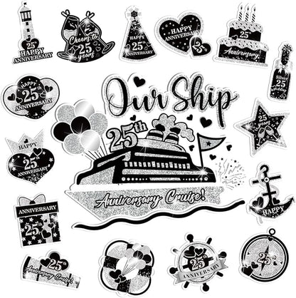 25th Anniversary Cruise Door Magnets Decorations, Black Silver Happy 25th Anniversary Cruise Ship Door Decor Magnetic for Married in 2000 Men Women Wedding Party Refrigerator Fridge Car Kitchen Garage