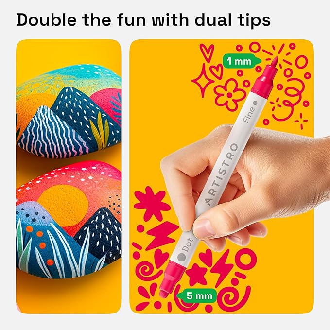 ARTISTRO 60 Dual Tip Acrylic Paint Markers, Acrylic Paint Pens, Fabric Markers for Textile, Rock, Glass, Wood, Paper, Ceramic, Canvas DIY Art Supplies Kit for Kids and Adults (Dual Tip Dot + Fine, 60)