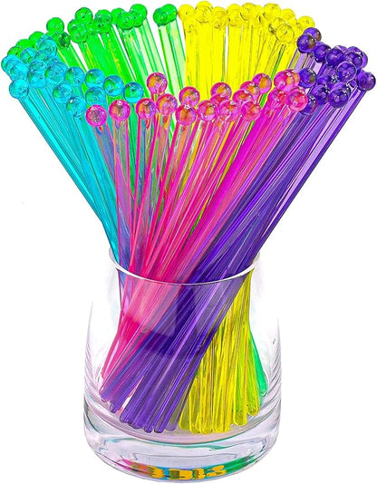 100-PCS 5 Colol Plastic Swizzle Sticks, Crystal Cake Pops, Cocktail Coffee Drink Stirrers, Stir Sticks, 7.24 Inch (Pink, Yellow, Blue, Purple, Green)