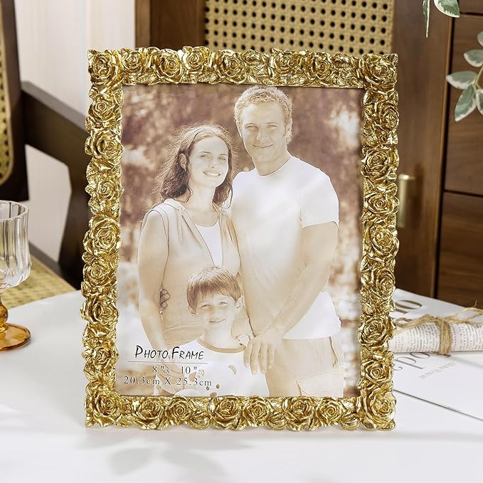 Cuspin 8x10 Picture Frame Vintage, Gold Ornate Rose Flower Resin Photo Frame with Glass Front for Tabletop, Antique Picture Frames for Home Decor