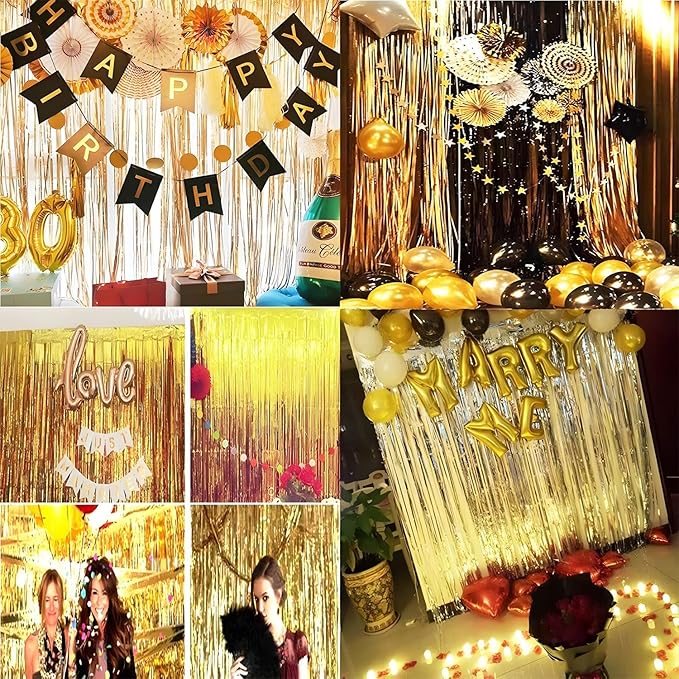 BRAVESHINE Black Gold Foil Fringe Curtain Backdrop - 2 Pack 3.2 x 8.2 ft Metallic Tinsel Photo Booth Streamers Curtains for 50th Birthdays Christmas New Years Anniversary Graduates Party Decorations