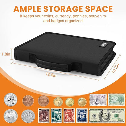 Coin Binder for Collectors with Handle, Fireproof 400 Pockets Coin Collection Album & 36 Paper Currency Book Sleeves, Coin and Bill Organizer Holder Supplies for Quarters, Pennies, 12.8x10.2x1.8inch