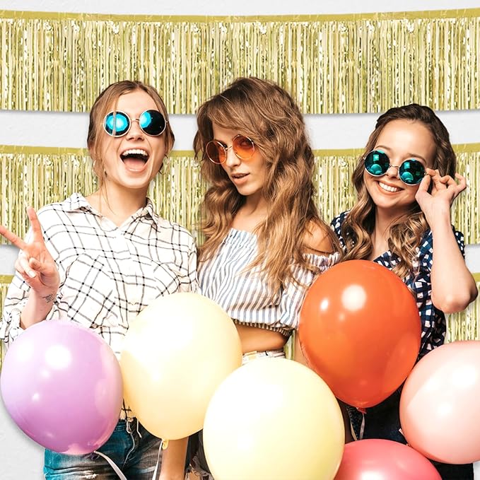 4 Pack 10 Feet Light Gold Foil Fringe Garland Metallic Tinsel Streamers Banner Wall Hanging Curtain Backdrop for Parade Floats, Wedding, Graduate, Mother's Day, Birthday Party Decoration