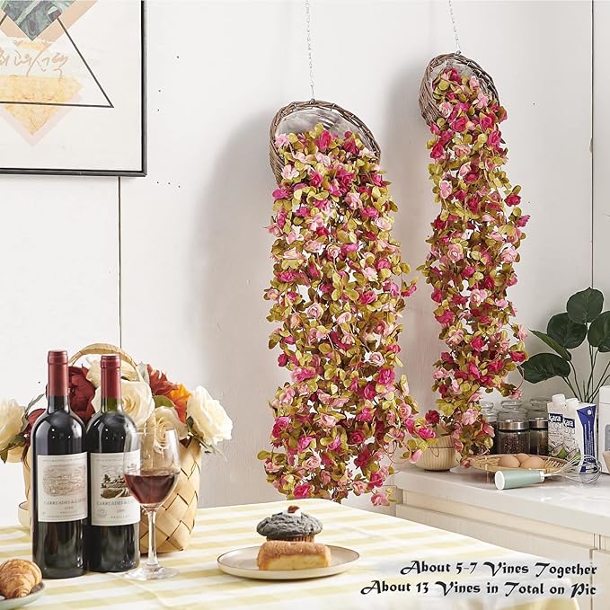 6 Pcs x 8.2 ft Flower Garland Artificial Rose Vine Flowers with Green Leaves Hanging Fake Roses Vine for Room Party Home Wedding Birthday Christmas Wall Arch Decor, Fall Purple Flower
