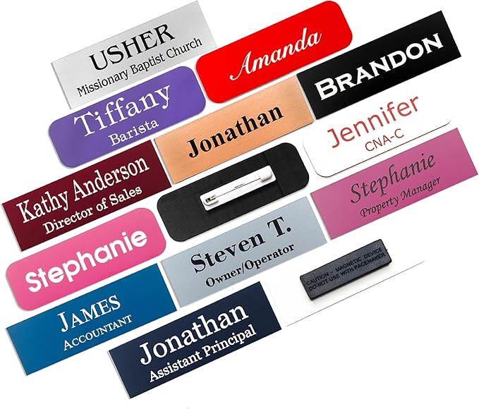 Custom Engraved Name Badges with Pin or Magnet Backing, 1" x 3" - Personalized Acrylic Name Tag with 15 Font Options and 21 Color Options - 10 Tags