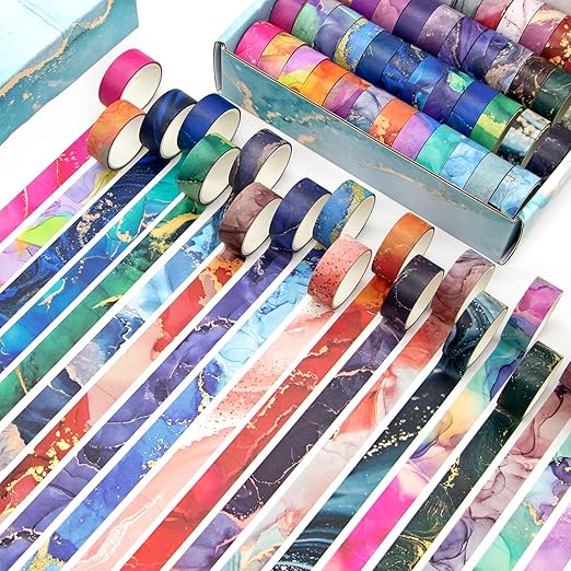 48 Rolls Washi Tape Set - Decorative Masking Tape Colored Marbling Patterns, Adhesive Artists Tapes for Journaling Supplies, DIY Crafts, Scrapbooking, Junk Journal Supplies, School Supplies