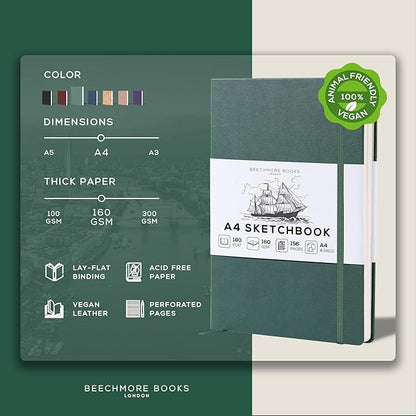 Beechmore Books A4 Sketchbook – 8.5x11 Premium Vegan Leather Bound Large Sketch Book Hardcover with 156 Thick 160gsm Perforated Ivory Pages, Blank Sketch Pad, Gift Boxed, Back Pocket, Ribbon Bookmark