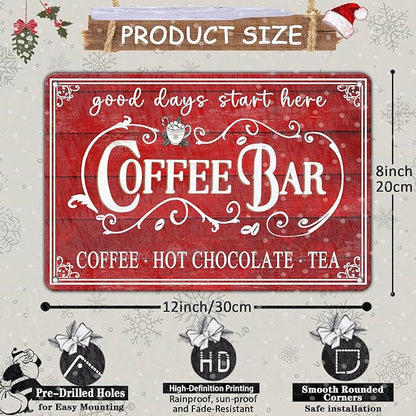 Vintage Christmas Coffee Bar Tin Sign - Kitchen Decor, Tea Bar Accessories, Hot Chocolate Station - 8x12Inch