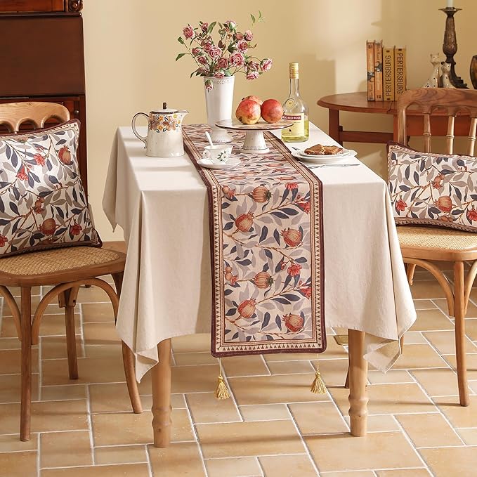 patdrea Designer Vintage SaddleBrown Linen Table Runner 87 Inch Long, Pomegranates Pattern Table Mat, Decoration for Kitchen Dining Table Coffee Table Shelf Cabinet Banquet Christmas ,12"*87"