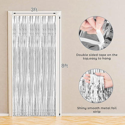 BTSD-home 10 Pack Silver Foil Fringe Curtain, Metallic Photo Booth Backdrop Tinsel Door Curtains for Wedding Birthday Bridal Shower Baby Shower Bachelorette Christmas Party Decorations(8ft x 3ft)