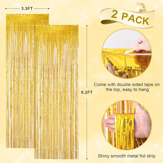 2 Pack Laser Gold Foil Fringe Backdrop Curtains, Tinsel Streamers Birthday Party Decorations, Fringe Backdrop for Graduation, Baby Shower, Gender Reveal, Disco Party