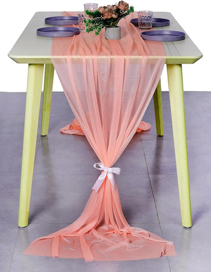 MDS 25 Pack 10ft Chiffon Table Runner 29 x 120 Inches Sheer Wedding Runner Romantic Rustic Table Runner for Wedding Decorations, Birthday Parties, Bridal Shower Party Arch Decor - Peach