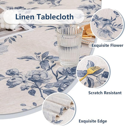 MYSKY HOME Rectangle Tablecloth 60x120 Inches, Linen Farmhouse Tablecloths Waterproof Decorative Fabric Table Cloth for Kitchen Party Floral Tablecloth for 8 Feet Table Blue and Grey Tablecloth