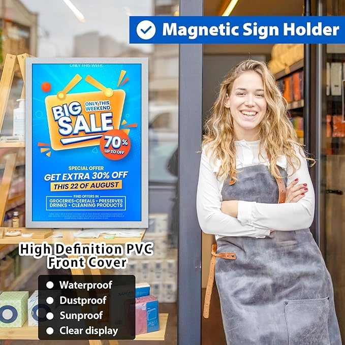 5Packs Magnetic Sign Holder, 11x17 Self Adhesive Display Frame With Strong Magnetic Frame and Clear PVC for Office, Store, Home, Door, Window, Refrige Paper Holder, Silver