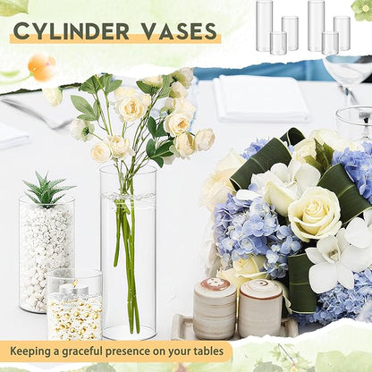 Nuogo 12 Pcs Plastic Cylinder Vases Tall Clear Flower Vases for Centerpieces Hurricane Candle Holder for Home Wedding Office Party Formal Dinners Decorations (4''/6''/8'')