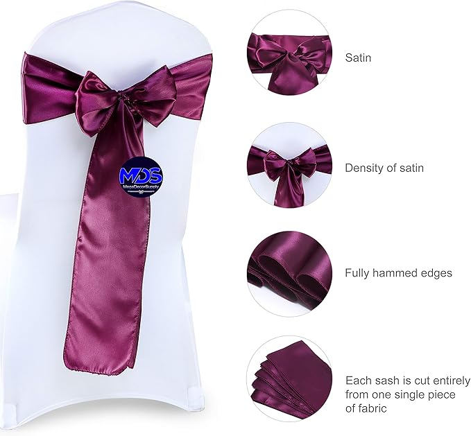 MDS Pack of 75 PCS Satin Chair Sashes Charmeuse Sateen Dining Chair Bows Ribbon Ties Back Sash for Wedding Party Birthday Home Hotel Restaurant Banquet Decoration (7 x 108 Inch, Eggplant)