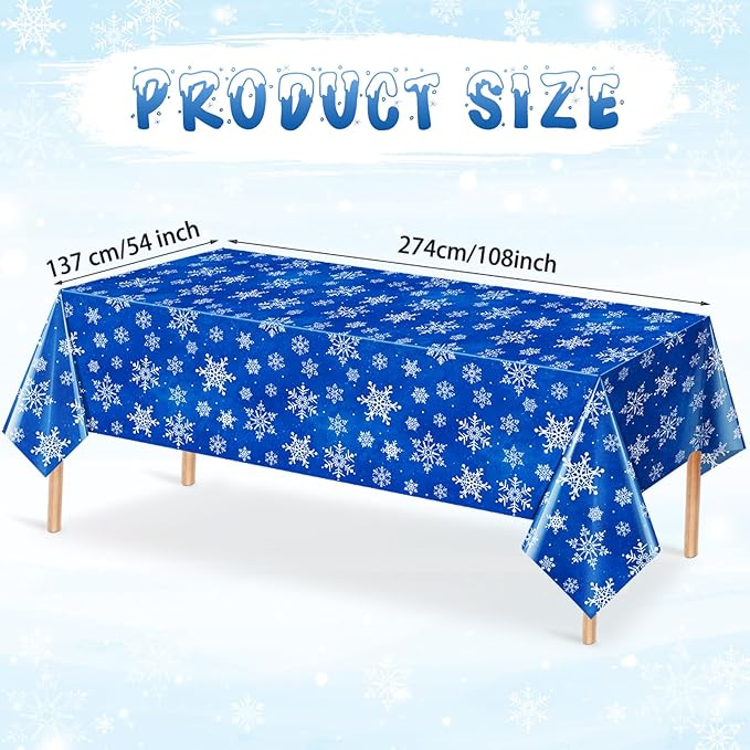 Jectivs 3 Pieces Christmas Snowflake Plastic Party Tablecloth Decorations,White Snowflake Blue Xmas Backdrop Sign Table Cover Banner for Winter Christmas Holiday Party Supplies,54x108 inch (Blue)