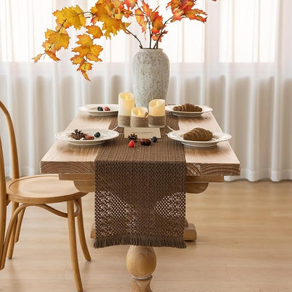 Boho Brown Table Runner for Home Decor 12x90 Inches Farmhouse Macrame Burlap Jute Rustic Dining Kitchen Centerpiece Bohemian Decor French Country Baby Bridal Shower Decorations