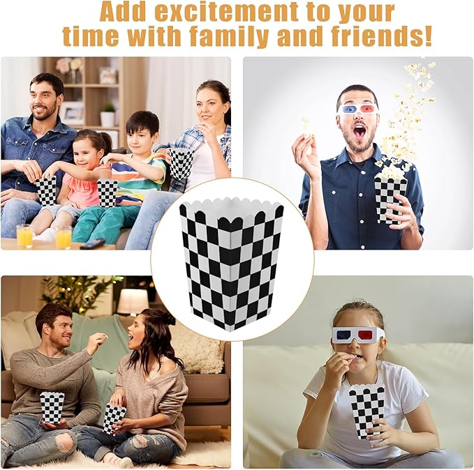 50 Pcs Checkered Popcorn Boxes Mini Paper Popcorn Bags for Race Car Party for Movie Nights Birthday Wedding (Black Checkered)