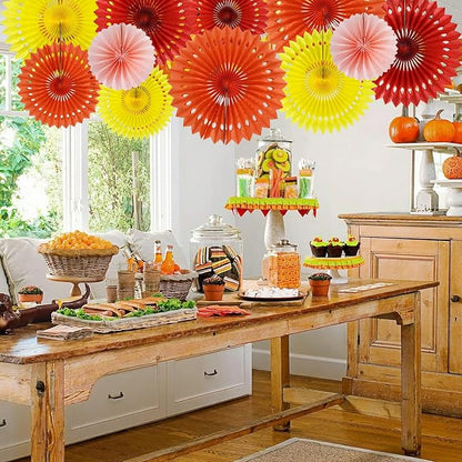 BEISHIDA Fall Orange Hanging Honeycomb Round Paper Fans Decoration Set for Thanksgiving Harvest Fall Wedding Baby Shower Birthday Photo Booth Backdrops Anniversary Party Supplies(11packs)