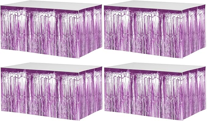 4 Pack 29x108 Inch Metallic Foil Fringe Tinsel Table Skirts for Rectangle Tables Streamer Backdrop for Wedding, Birthday, Parade Floats, Christmas, Halloween Party Decoration(New Light Purple)