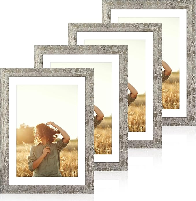 10x14 Picture Frame Set of 4 with Tempered Glass, Distressed Moss Green Frames Display 8x12 Picture with Mat or 10 x 14 Without Mat, Rustic Wood Photo Frames for Wall Mounting