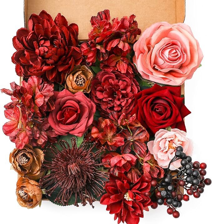 Artificial Flowers Combo Box Set Burgundy Silk Flowers for DIY Wedding Bouquet Arrangements Bridal Shower Party Home Decorations (Mature Burgundy)
