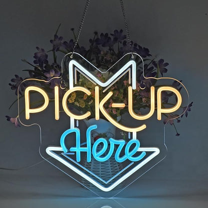 PICK-UP Here Neon Sign, Neon Lights Hanging Wall Art Decoration for Restaturant Shop Bar Market Bakeries Café Celebration Home Decor, USB Powered Ultra Bright Dimmable,14.57×12.6inches