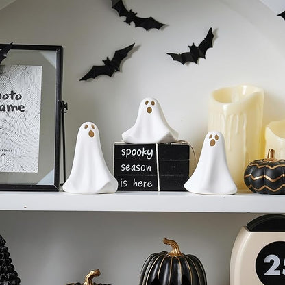 Ceramic Ghost Decor, 3Pcs Light Up Ghosts for Indoor Halloween Decorations, Battery Powered White Mini Ghost Figurines with LED for Spooky Halloween, Home Tabletop Shelf Centerpieces